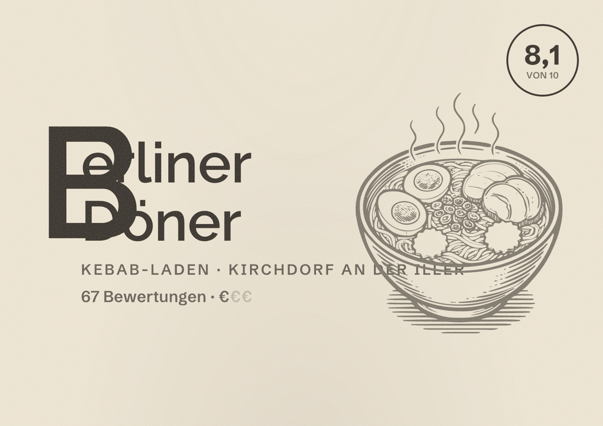 Illustriertes Poster von Berliner Döner, Kebab-Laden in Kirchdorf an der Iller: Bewertung 8,1 von 10 aus 67 Bewertungen, Preisniveau €