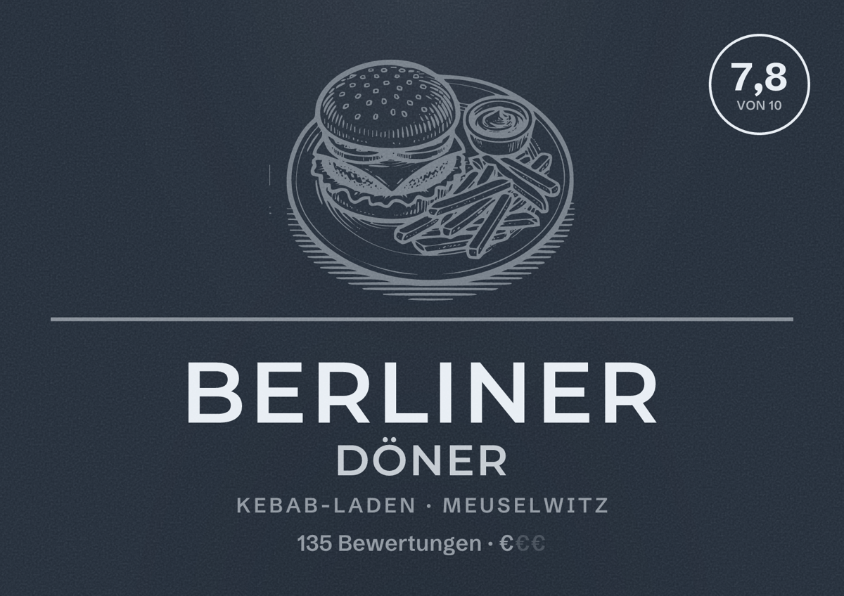 Illustriertes Poster von BERLINER DÖNER, Kebab-Laden in Meuselwitz: Bewertung 7,8 von 10 aus 135 Bewertungen, Preisniveau €