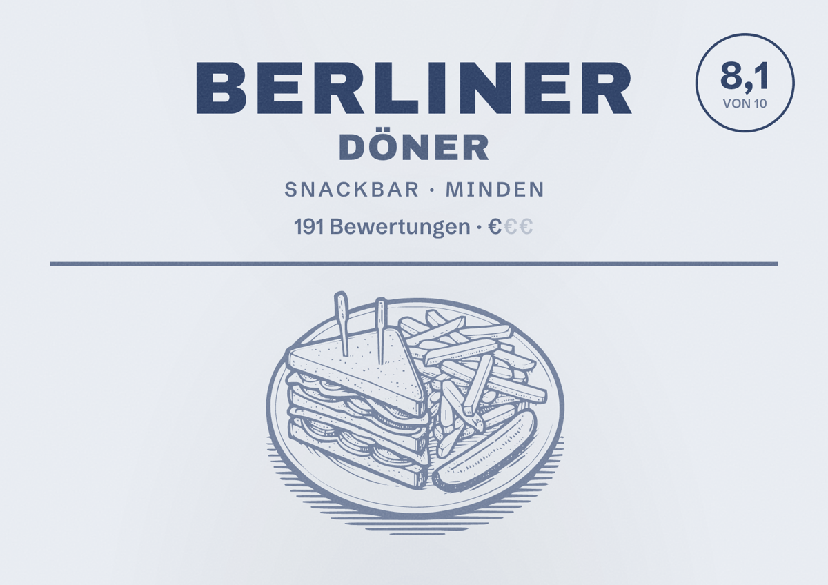 Illustriertes Poster von Berliner Döner, Snackbar in Minden: Bewertung 8,1 von 10 aus 191 Bewertungen, Preisniveau €