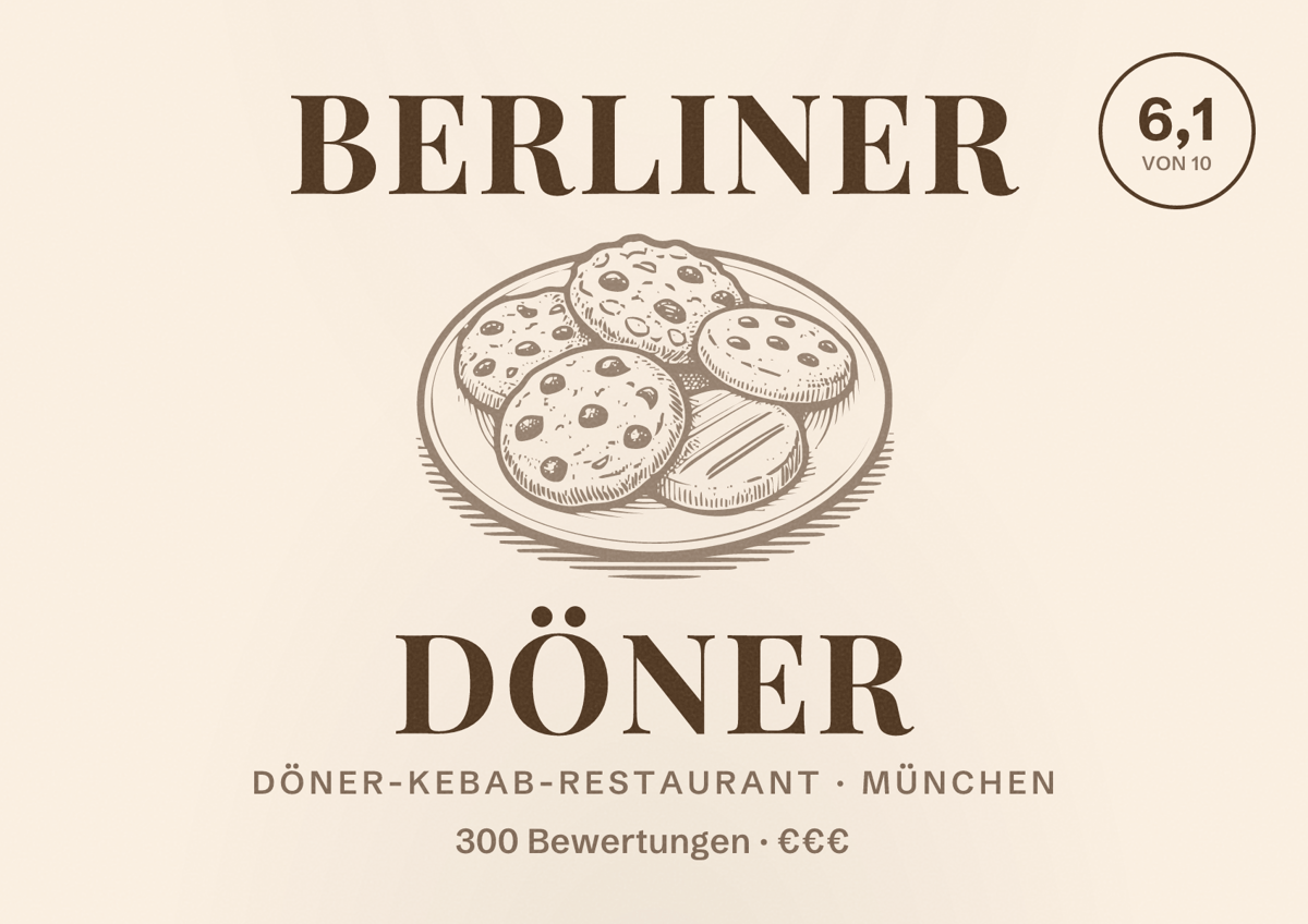 Illustriertes Poster von Berliner Döner, Döner-Kebab-Restaurant in München: Bewertung 6,1 von 10 aus 300 Bewertungen, Preisniveau €€€