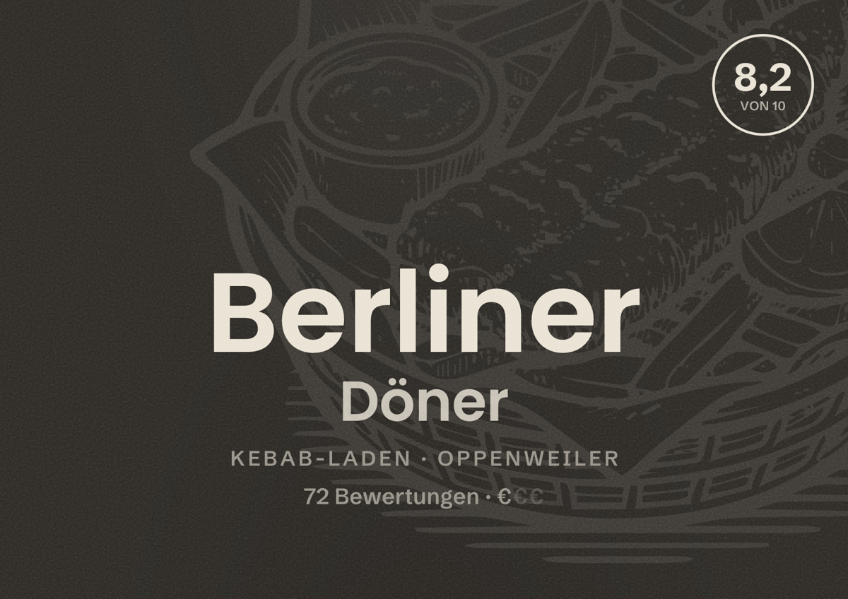 Illustriertes Poster von Berliner Döner, Kebab-Laden in Oppenweiler: Bewertung 8,2 von 10 aus 72 Bewertungen, Preisniveau €
