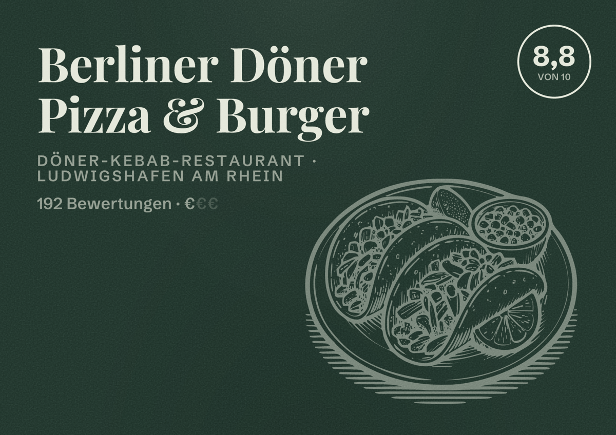Illustriertes Poster von Berliner Döner Pizza & Burger, Döner-Kebab-Restaurant in Ludwigshafen am Rhein: Bewertung 8,8 von 10 aus 192 Bewertungen, Preisniveau €
