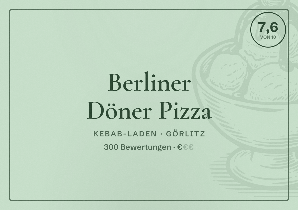 Illustriertes Poster von Berliner Döner Pizza, Kebab-Laden in Görlitz: Bewertung 7,6 von 10 aus 300 Bewertungen, Preisniveau €