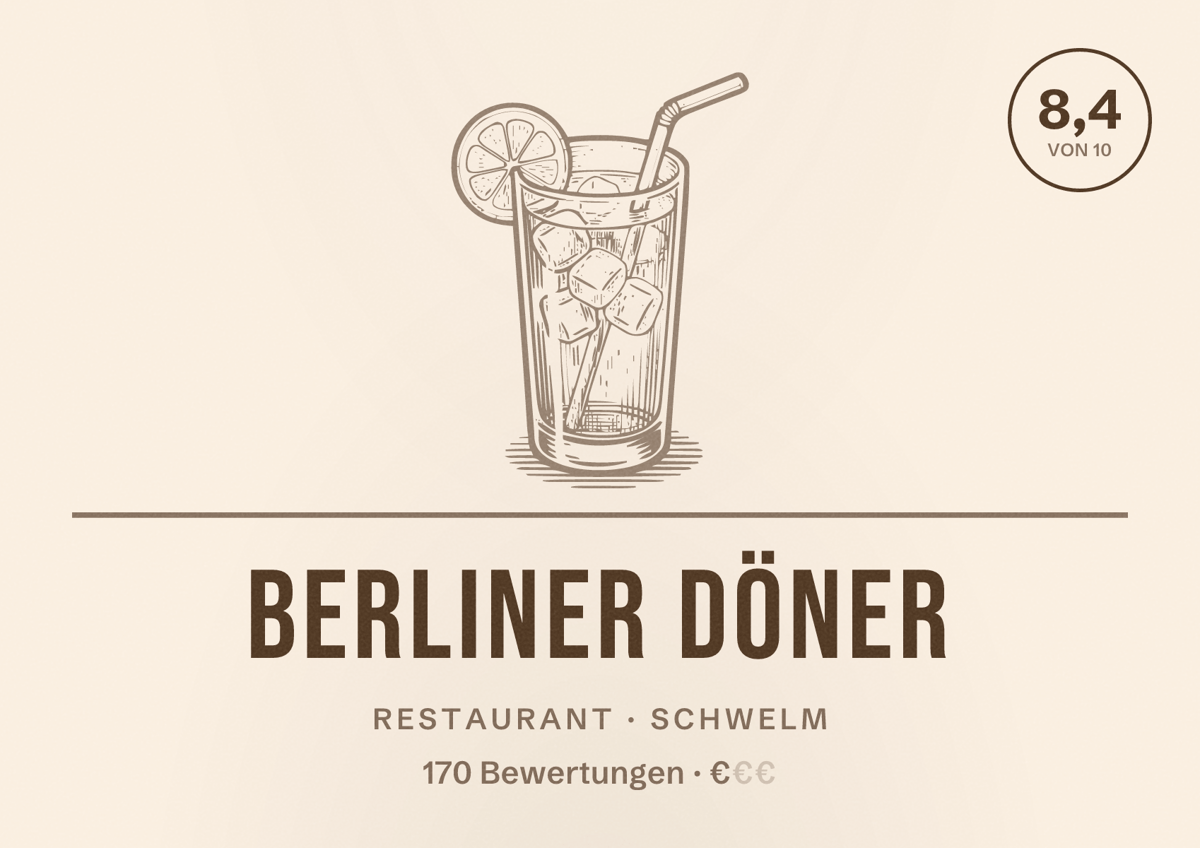 Illustriertes Poster von Berliner Döner, Restaurant in Schwelm: Bewertung 8,4 von 10 aus 170 Bewertungen, Preisniveau €