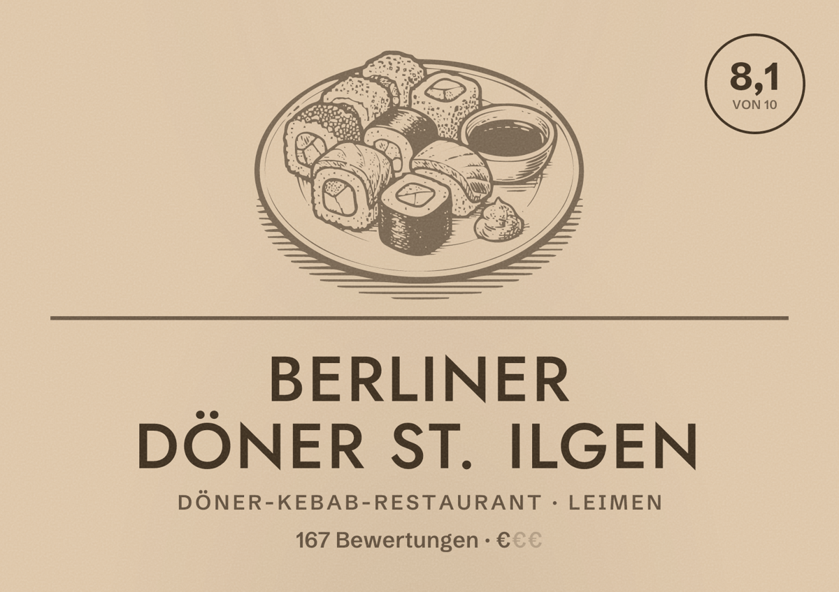 Illustriertes Poster von Berliner Döner St. Ilgen, Döner-Kebab-Restaurant in Leimen: Bewertung 8,1 von 10 aus 167 Bewertungen, Preisniveau €