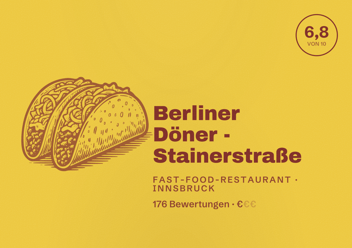 Illustriertes Poster von Berliner Döner - Stainerstraße, Fast-Food-Restaurant in Innsbruck: Bewertung 6,8 von 10 aus 176 Bewertungen, Preisniveau €