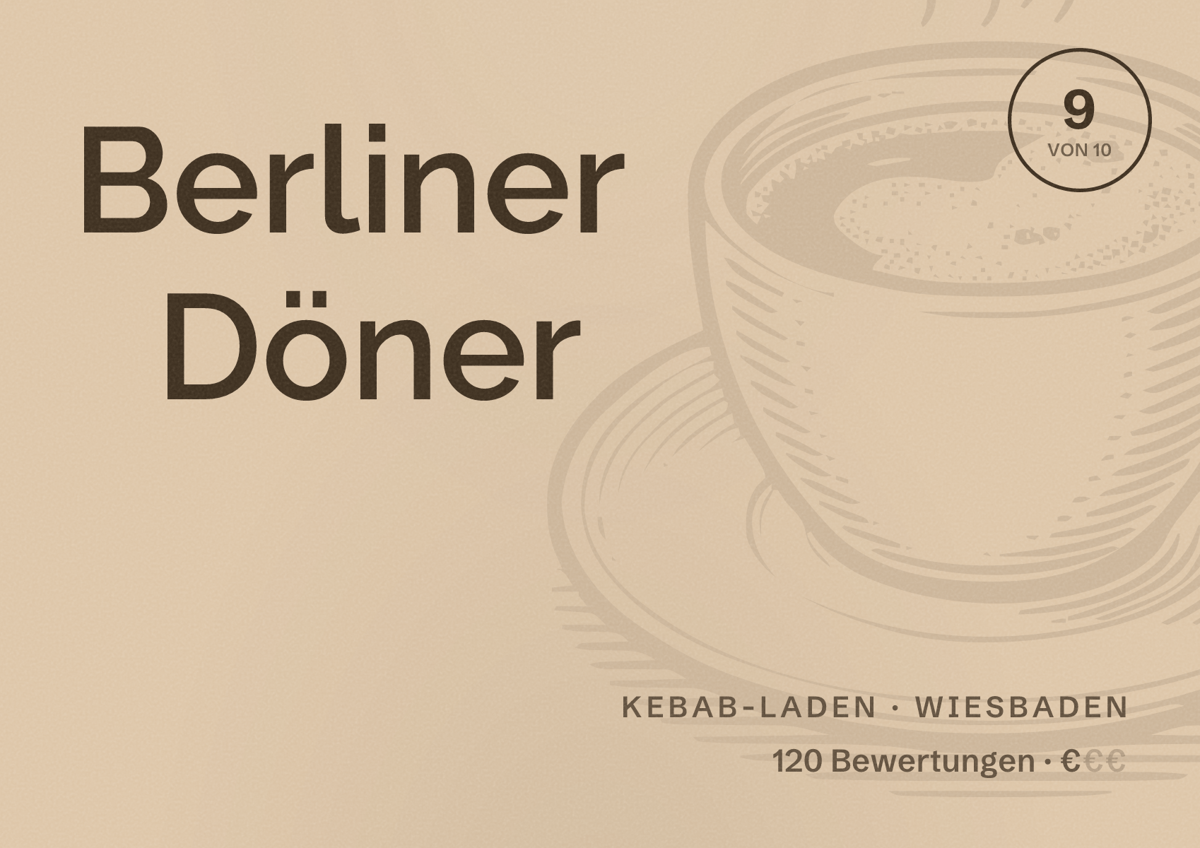 Illustriertes Poster von Berliner Döner, Kebab-Laden in Wiesbaden: Bewertung 9,0 von 10 aus 120 Bewertungen, Preisniveau €