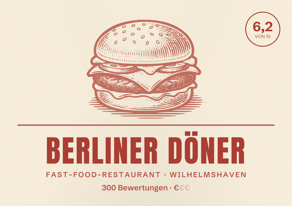 Illustriertes Poster von Berliner Döner, Fast-Food-Restaurant in Wilhelmshaven: Bewertung 6,2 von 10 aus 300 Bewertungen, Preisniveau €