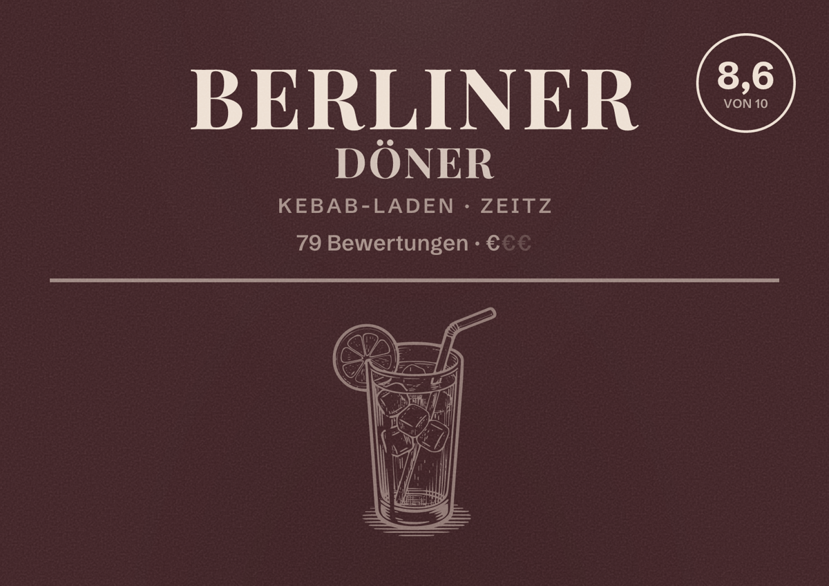 Illustriertes Poster von Berliner Döner, Kebab-Laden in Zeitz: Bewertung 8,6 von 10 aus 79 Bewertungen, Preisniveau €