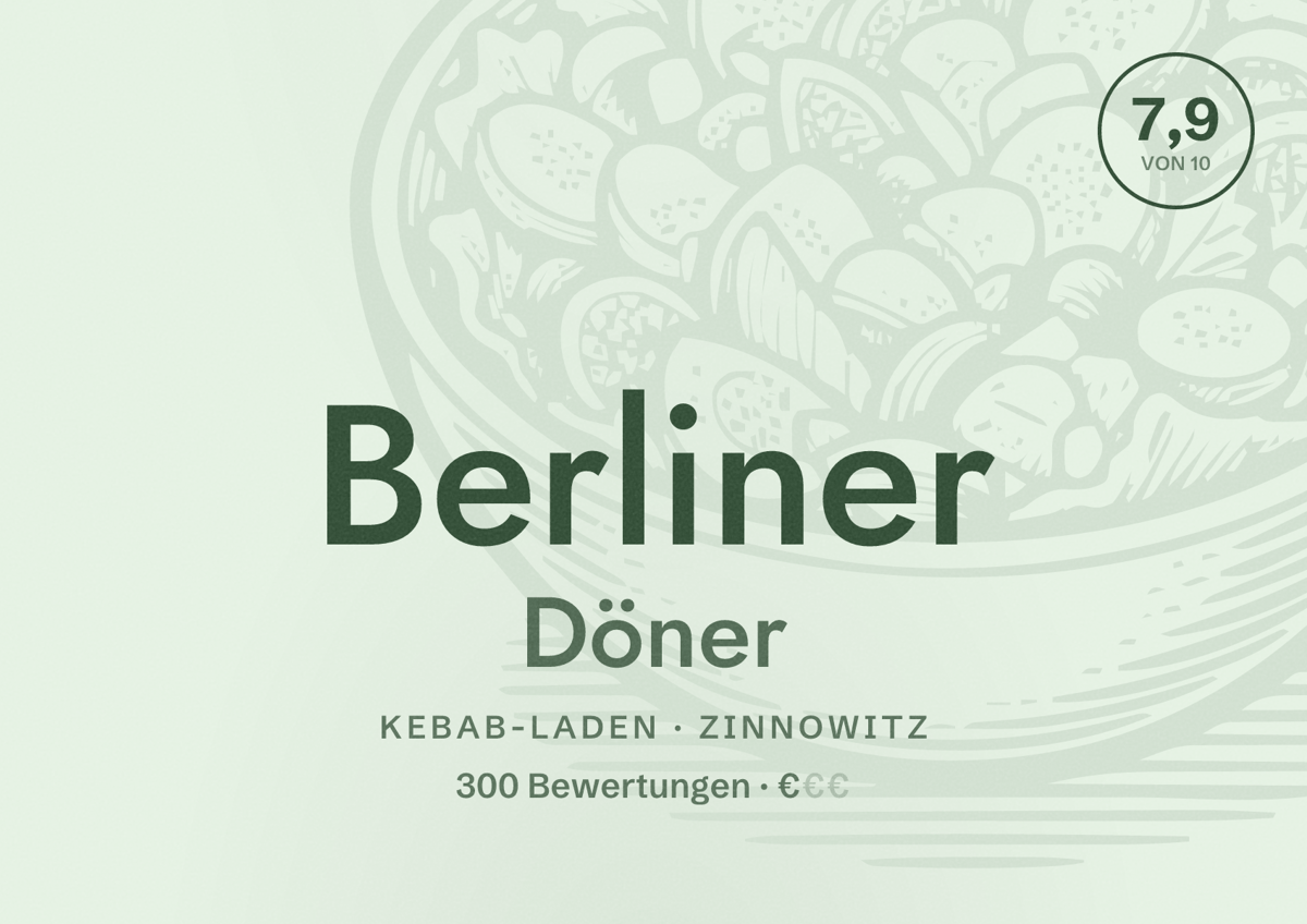 Illustriertes Poster von Berliner Döner, Kebab-Laden in Zinnowitz: Bewertung 7,9 von 10 aus 300 Bewertungen, Preisniveau €