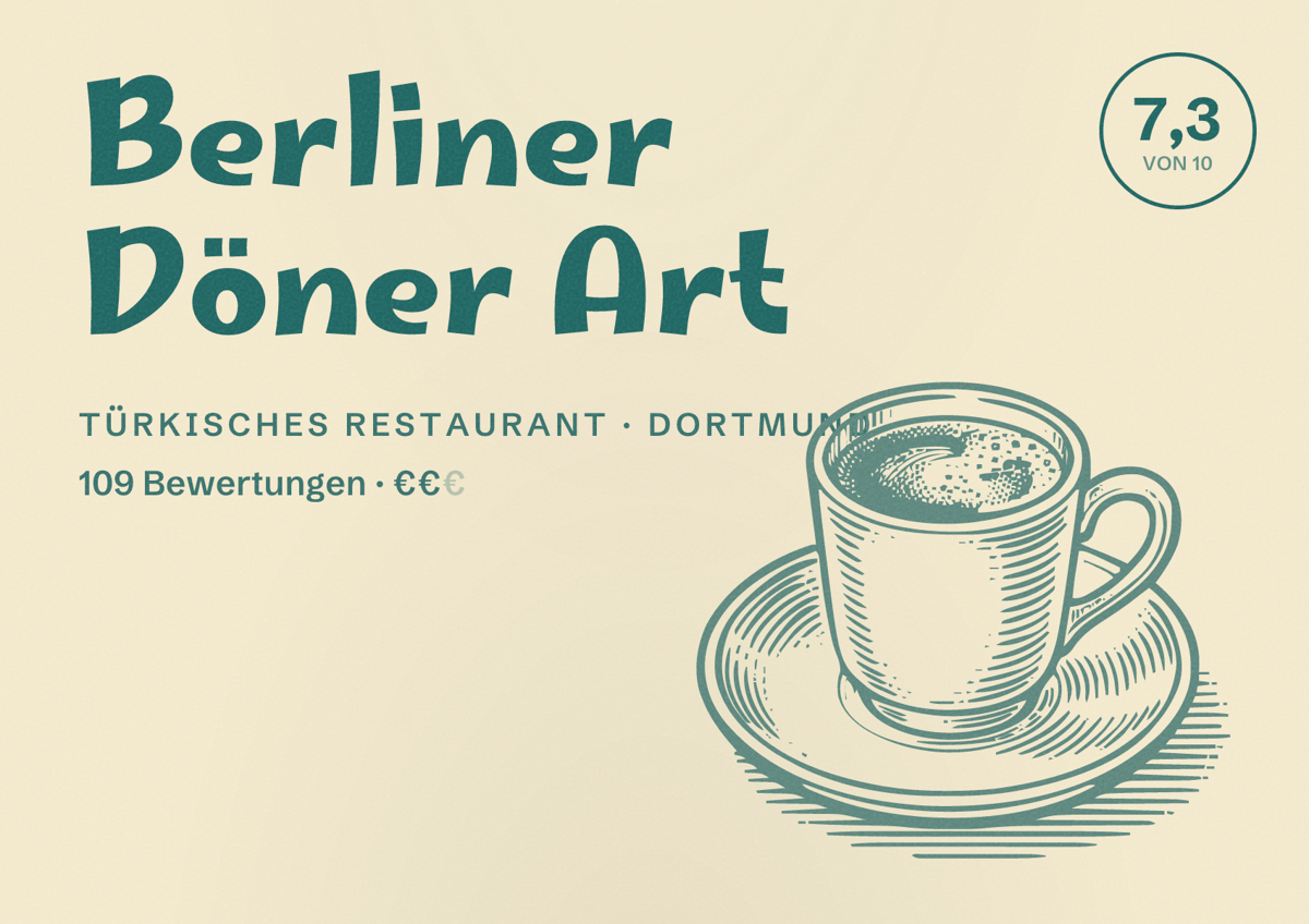 Illustriertes Poster von Berliner Döner Art, Türkisches Restaurant in Dortmund: Gästebewertung 7,3 von 10 aus 109 Bewertungen
