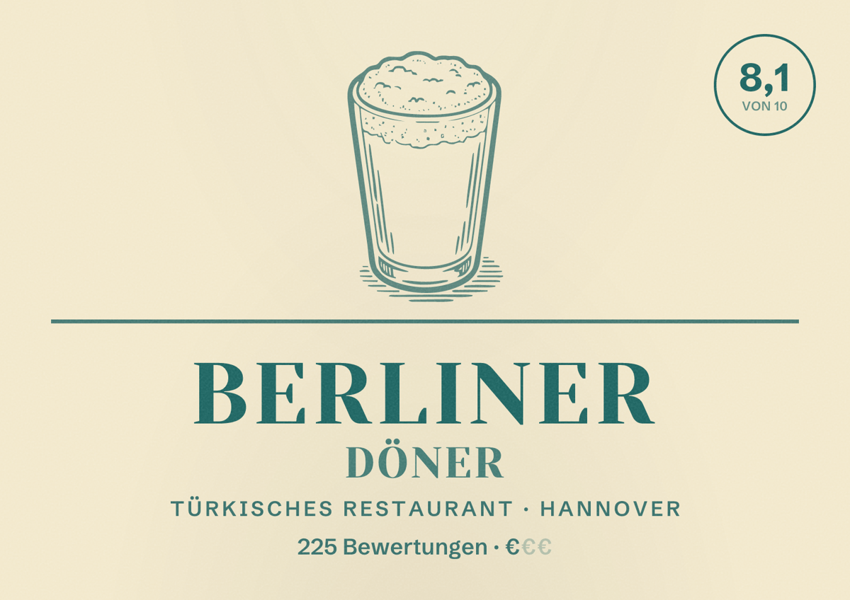 Illustriertes Poster von Berliner Döner, Türkisches Restaurant in Hannover: Bewertung 8,1 von 10 aus 225 Bewertungen, Preisniveau €