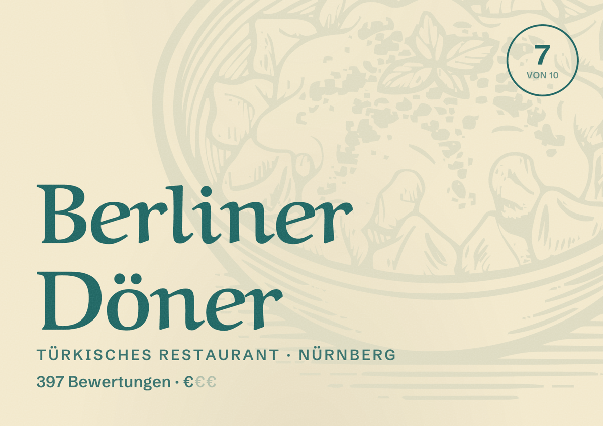 Illustriertes Poster von Berliner Döner, Türkisches Restaurant in Nürnberg: Bewertung 7 von 10 aus 397 Bewertungen, Preisniveau €
