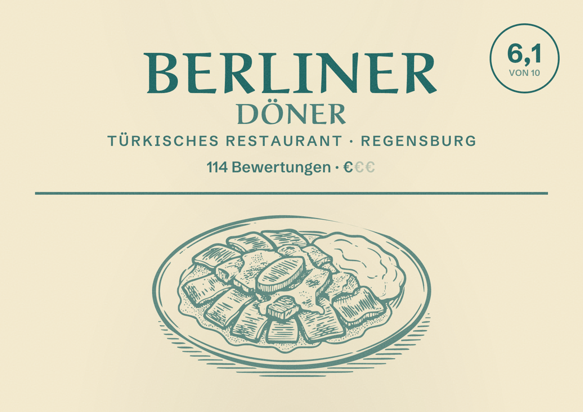 Illustriertes Poster von Berliner Döner, Türkisches Restaurant in Regensburg: Bewertung 6,1 von 10 aus 114 Bewertungen, Preisniveau €