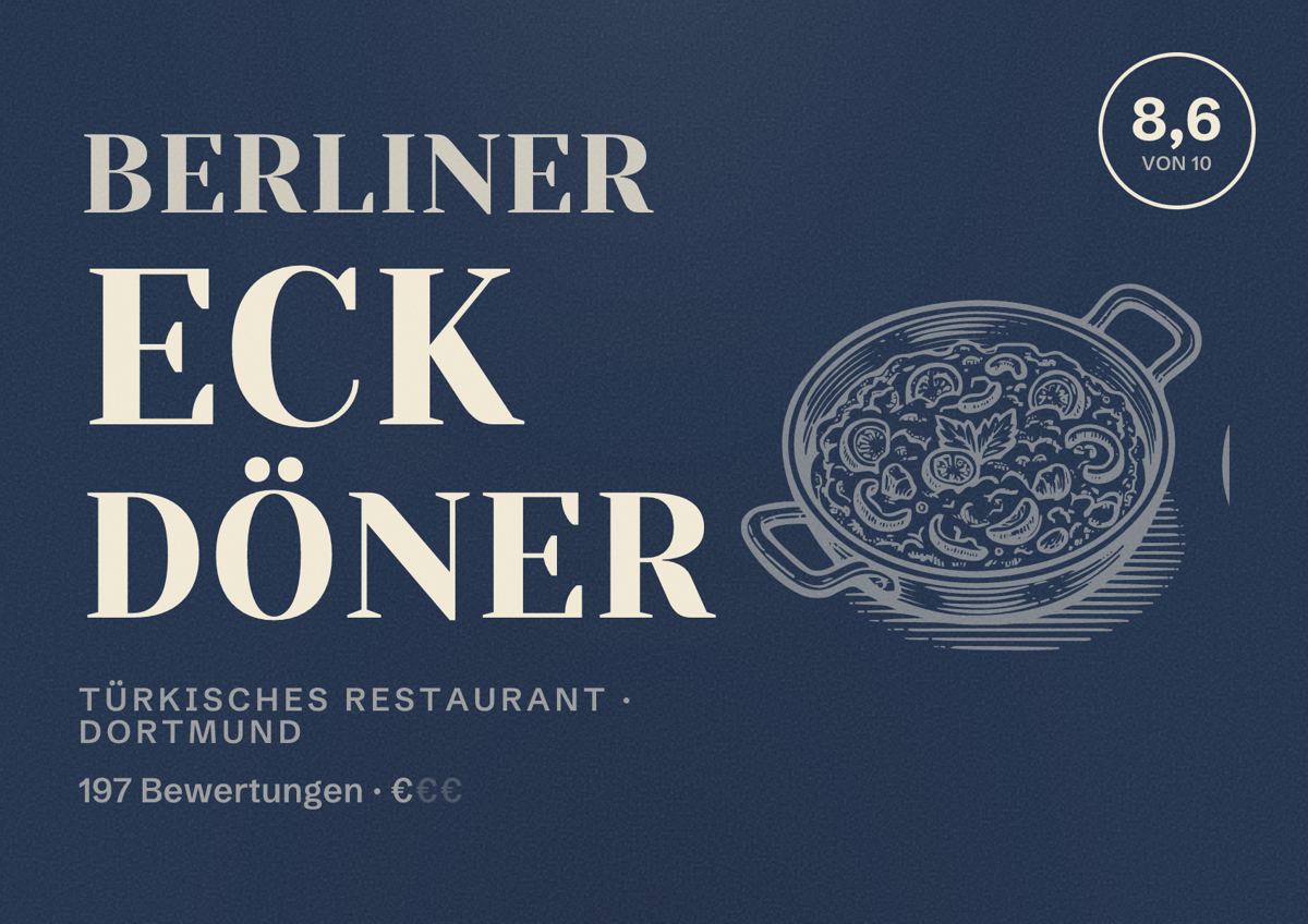 Illustriertes Poster von Berliner Eck Döner, Türkisches Restaurant in Dortmund: Gästebewertung 8,5 von 10 aus 197 Bewertungen