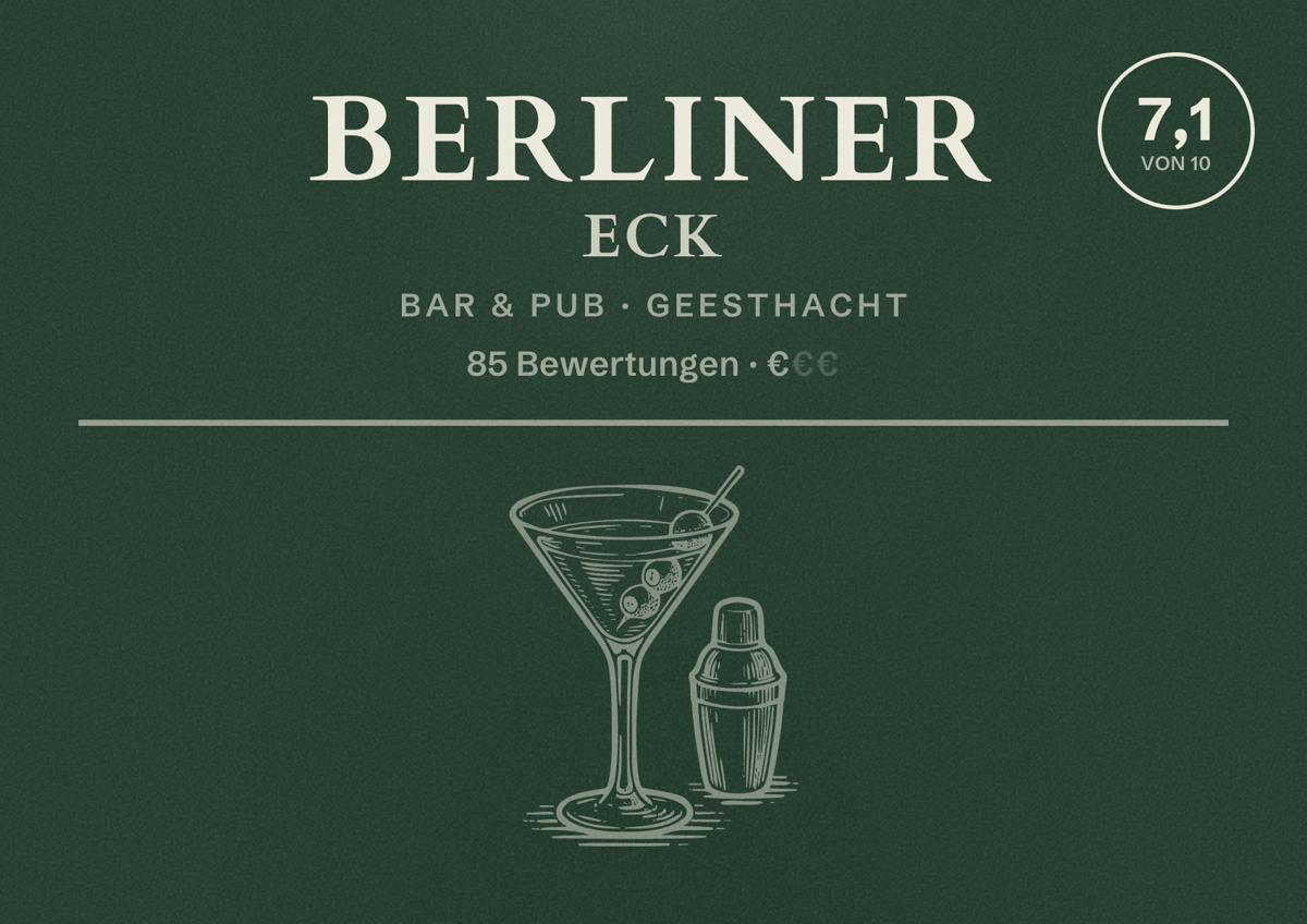 Illustriertes Poster von Berliner Eck, Bar & Pub in Geesthacht: Bewertung 7,1 von 10 aus 85 Bewertungen, Preisniveau €