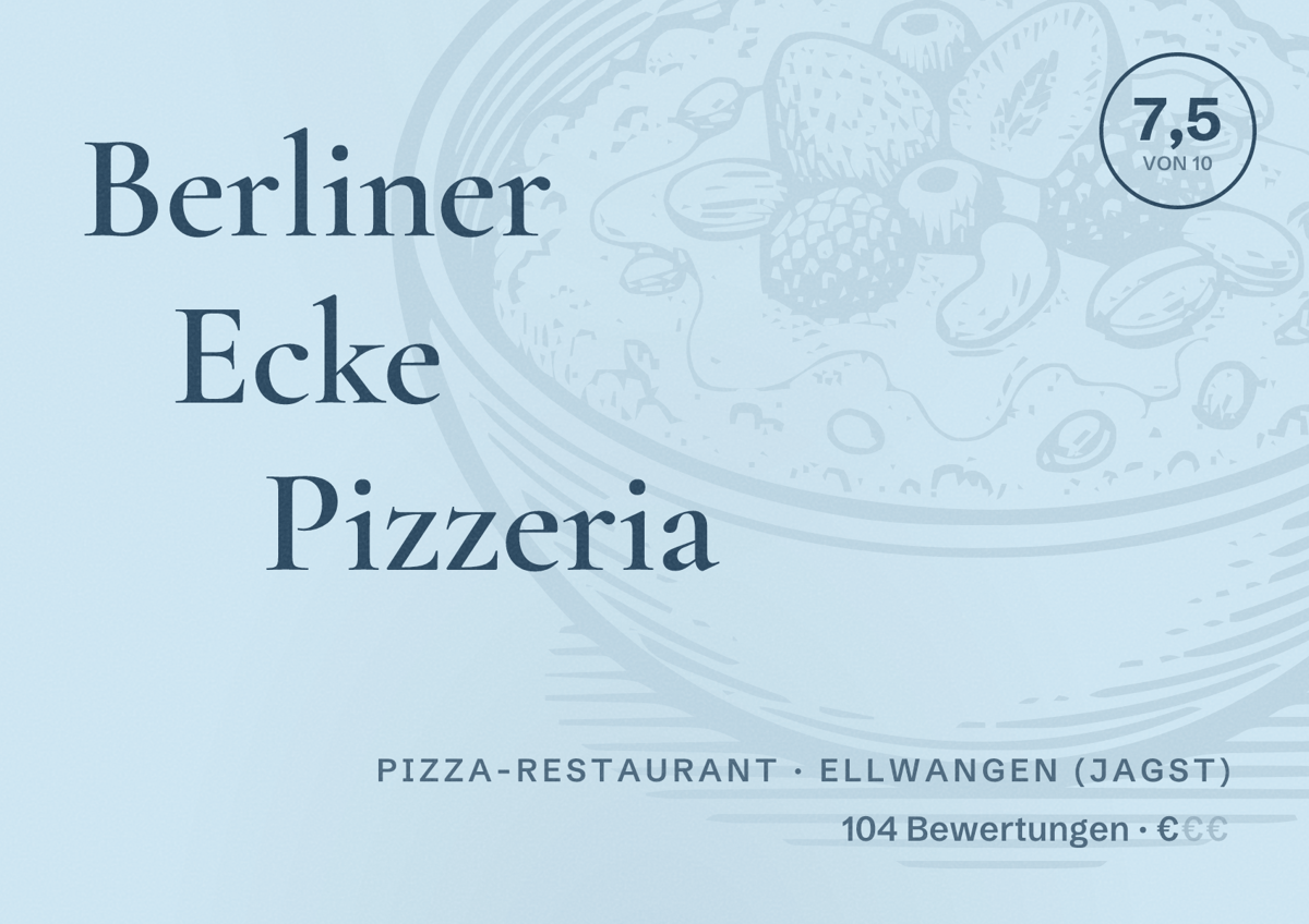 Illustriertes Poster von Berliner Ecke Pizzeria, Pizza-Restaurant in Ellwangen (Jagst): Bewertung 7,5 von 10 aus 104 Bewertungen, Preisniveau €