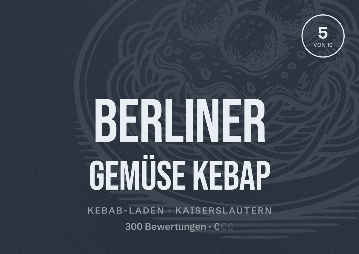 Illustriertes Poster von Berliner Gemüse Kebap, Kebab-Laden in Kaiserslautern: Bewertung 5 von 10 aus 300 Bewertungen, Preisniveau €