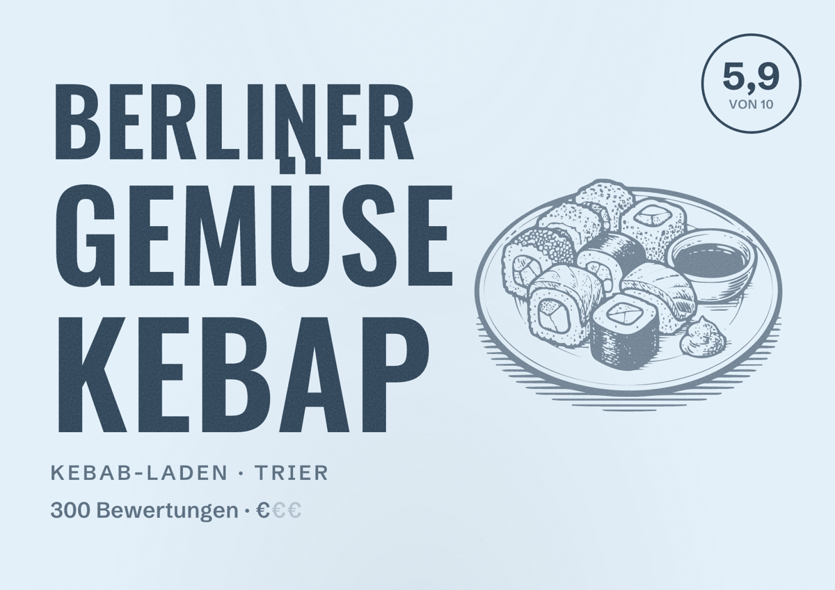 Illustriertes Poster von Berliner Gemüse Kebap, Kebab-Laden in Trier: Bewertung 5,9 von 10 aus 300 Bewertungen, Preisniveau €