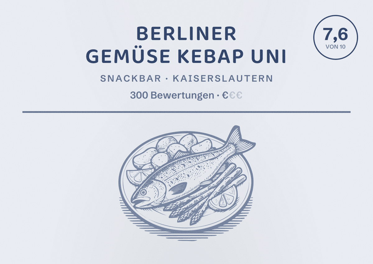 Illustriertes Poster von Berliner Gemüse Kebap Uni, Snackbar in Kaiserslautern: Bewertung 7,6 von 10 aus 300 Bewertungen, Preisniveau €
