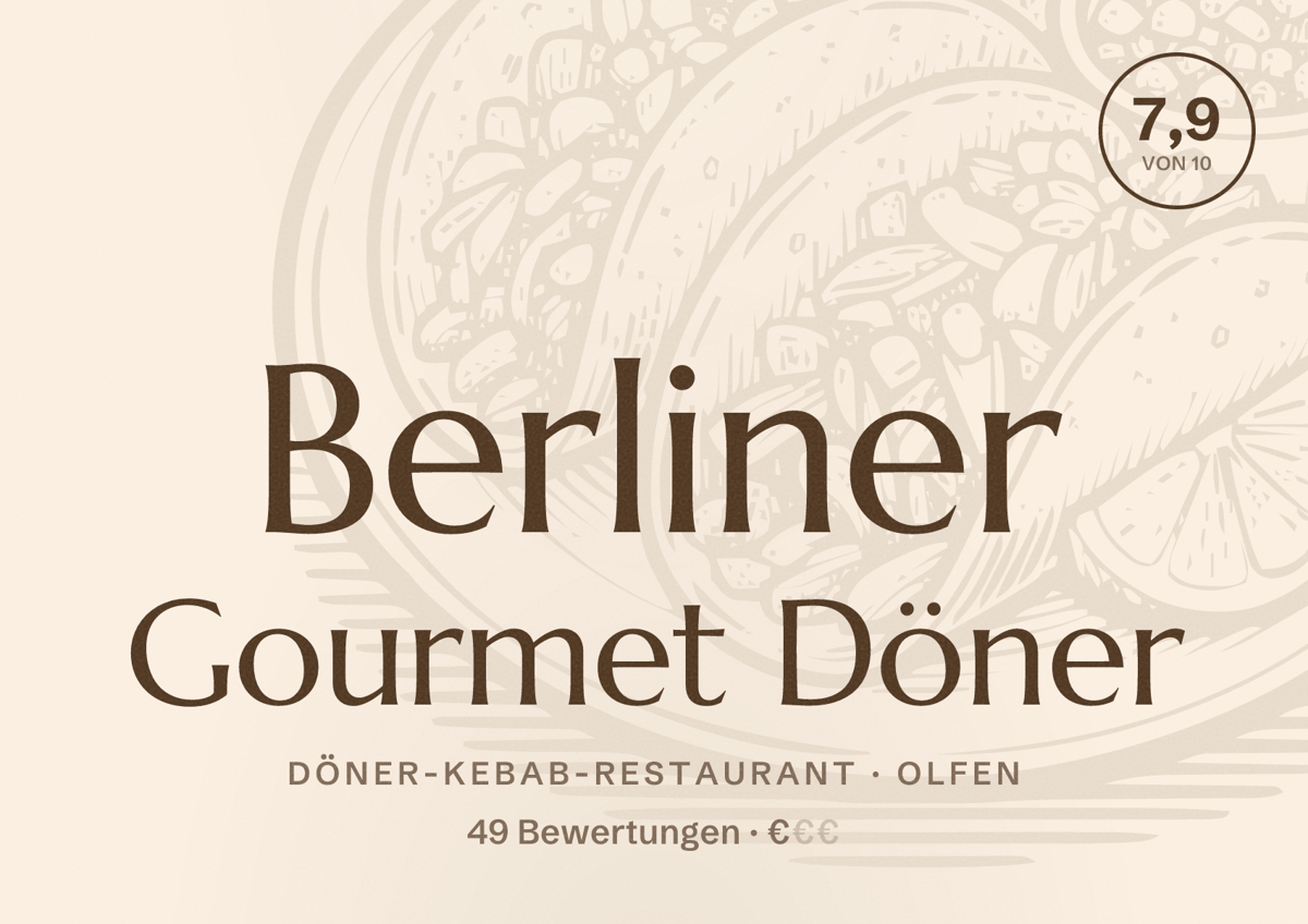 Illustriertes Poster von Berliner Gourmet Döner, Döner-Kebab-Restaurant in Olfen: Bewertung 7,9 von 10 aus 49 Bewertungen, Preisniveau €