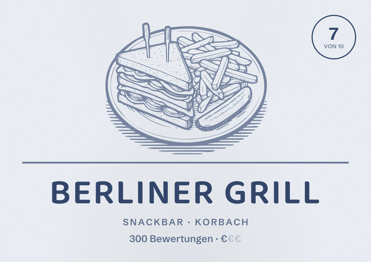 Illustriertes Poster von Berliner Grill, Snackbar in Korbach: Bewertung 7 von 10 aus 300 Bewertungen, Preisniveau €