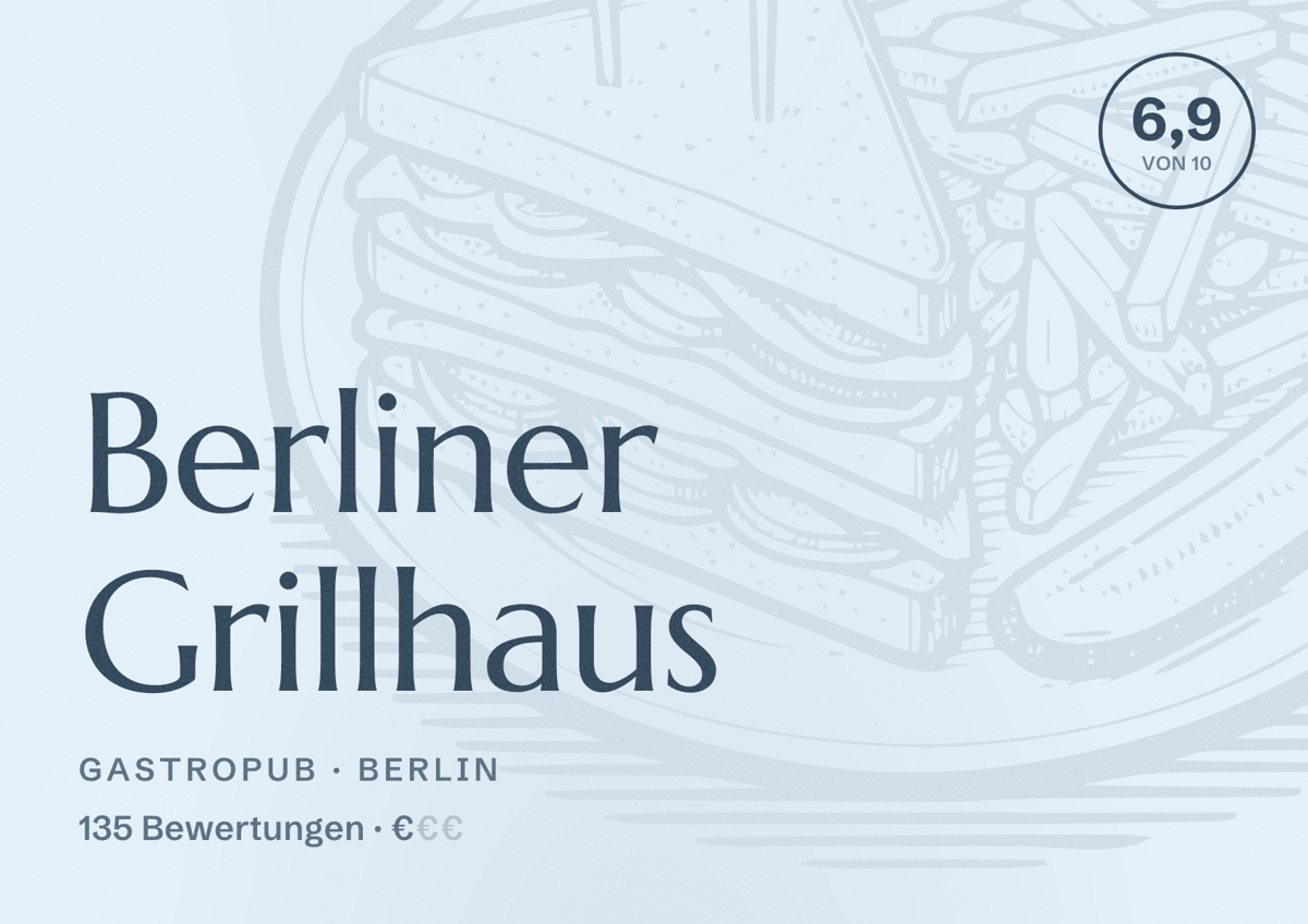 Illustriertes Poster von Berliner Grillhaus, Gastropub in Berlin: Bewertung 6,9 von 10 aus 135 Bewertungen, Preisniveau €