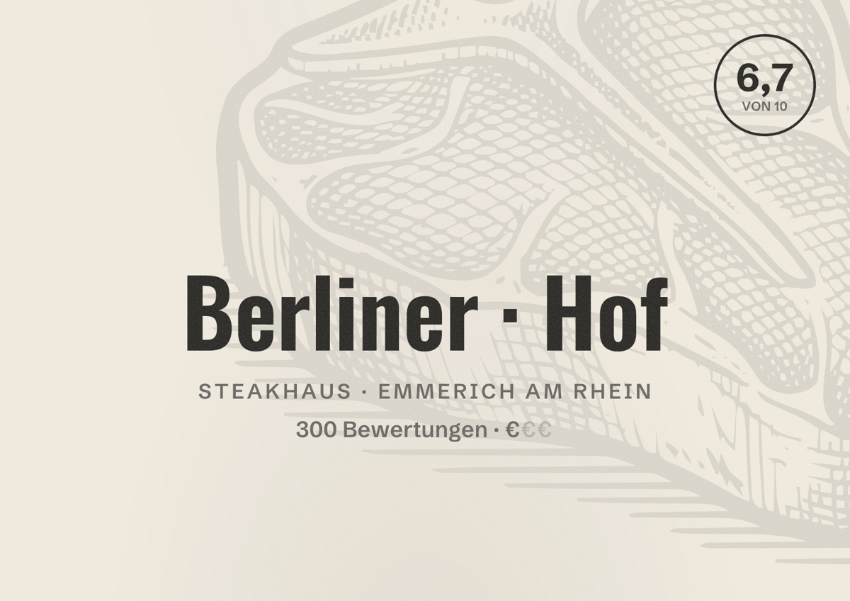 Illustriertes Poster von Berliner Hof, Steakhaus in Emmerich am Rhein: Bewertung 6,7 von 10 aus 300 Bewertungen, Preisniveau €
