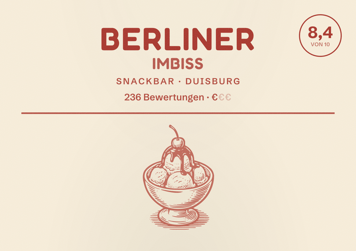 Illustriertes Poster von Berliner Imbiss, Snackbar in Duisburg: Bewertung 8,4 von 10 aus 236 Bewertungen, Preisniveau €