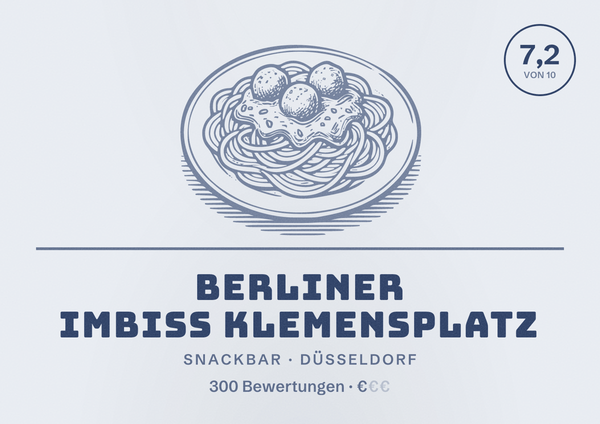 Illustriertes Poster von Berliner Imbiss Klemensplatz, Snackbar in Düsseldorf: Bewertung 7,2 von 10 aus 300 Bewertungen, Preisniveau €