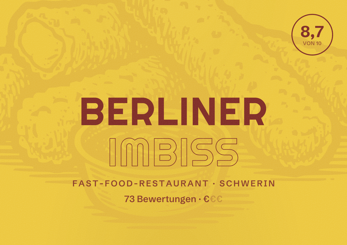 Illustriertes Poster von Berliner Imbiss, Fast-Food-Restaurant in Schwerin: Bewertung 8,7 von 10 aus 73 Bewertungen, Preisniveau €