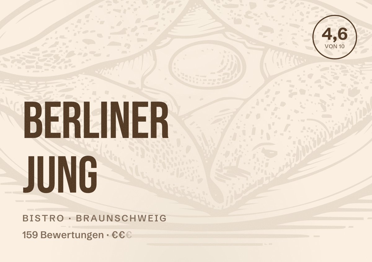 Illustriertes Poster von Berliner Jung, Bistro in Braunschweig: Bewertung 4,6 von 10 aus 159 Bewertungen, Preisniveau €€