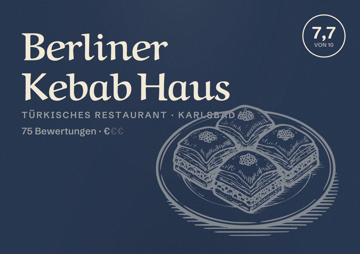 Illustriertes Poster von Berliner Kebab Haus, Türkisches Restaurant in Karlsbad: Bewertung 7,7 von 10 aus 75 Bewertungen, Preisniveau €