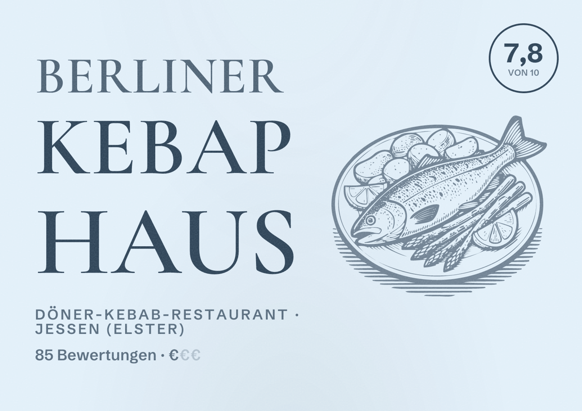 Illustriertes Poster von Berliner Kebap Haus, Döner-Kebab-Restaurant in Jessen (Elster): Bewertung 7,8 von 10 aus 85 Bewertungen, Preisniveau €