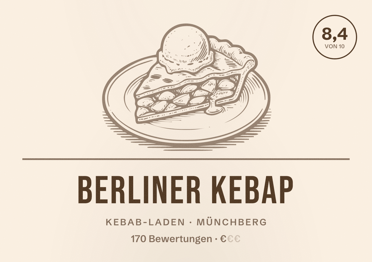 Illustriertes Poster von Berliner Kebap, Kebab-Laden in Münchberg: Bewertung 8,4 von 10 aus 170 Bewertungen, Preisniveau €
