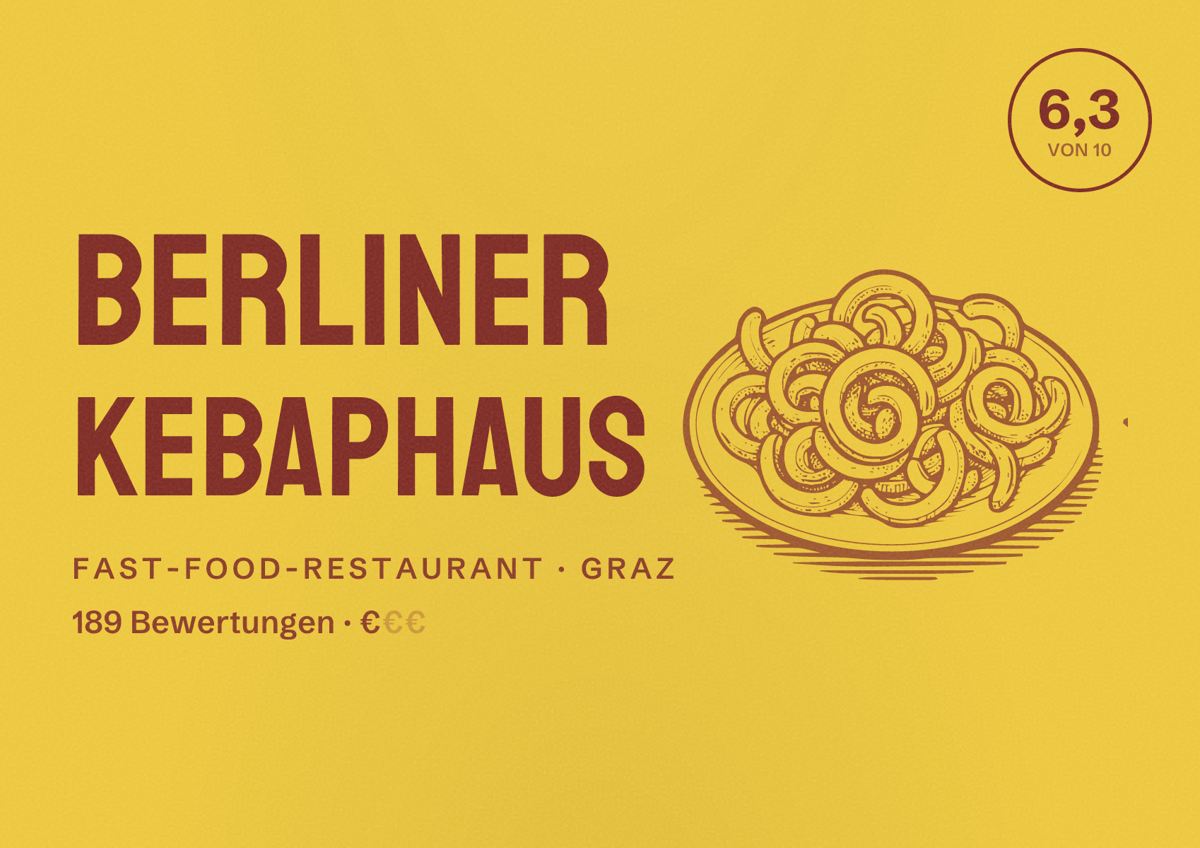 Illustriertes Poster von BERLINER KEBAPHAUS, Fast-Food-Restaurant in Graz: Bewertung 6,3 von 10 aus 189 Bewertungen, Preisniveau €
