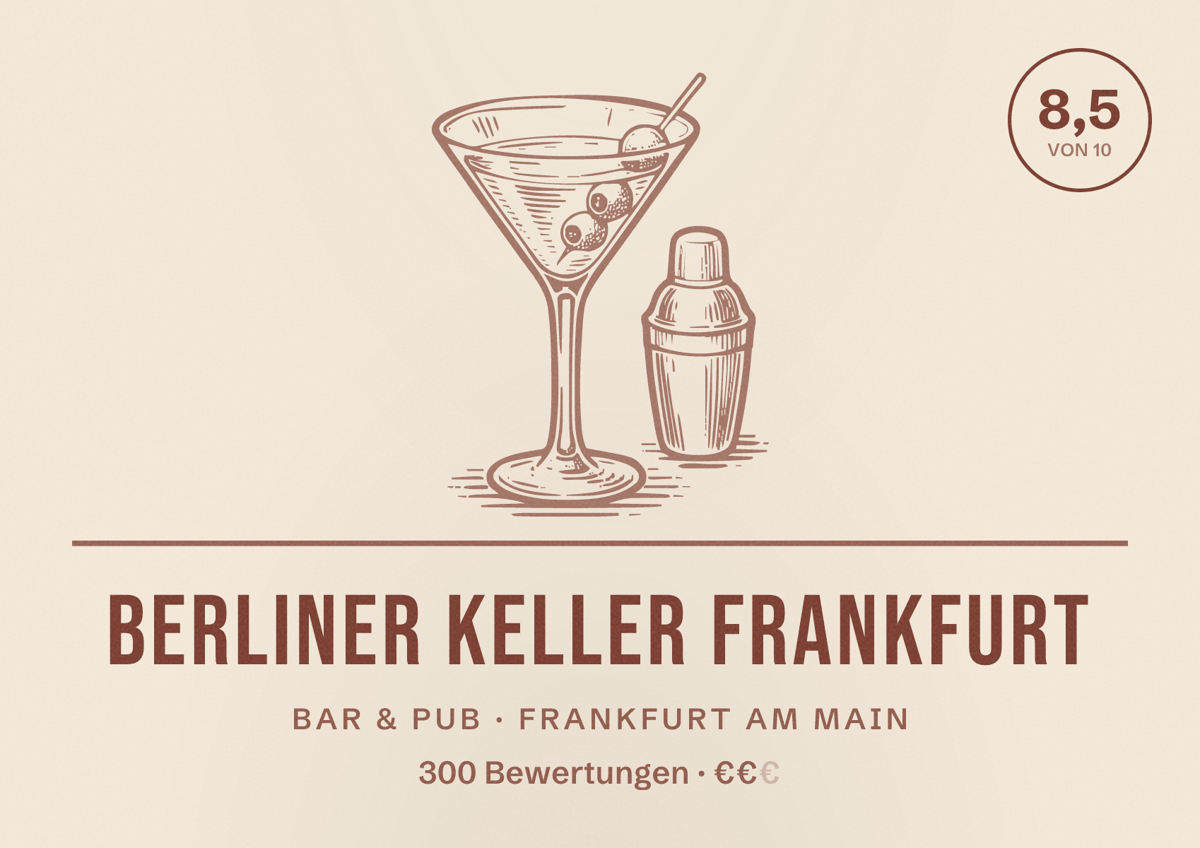 Illustriertes Poster von Berliner Keller Frankfurt, Bar & Pub in Frankfurt am Main: Bewertung 8,5 von 10 aus 300 Bewertungen, Preisniveau €€