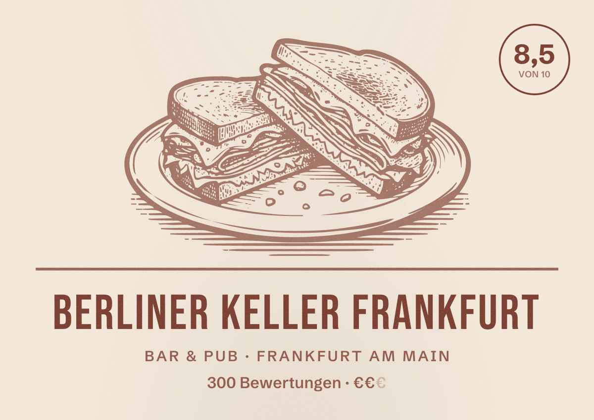 Illustriertes Poster von Berliner Keller Frankfurt, Bar & Pub in Frankfurt am Main: Bewertung 8,5 von 10 aus 300 Bewertungen, Preisniveau €€