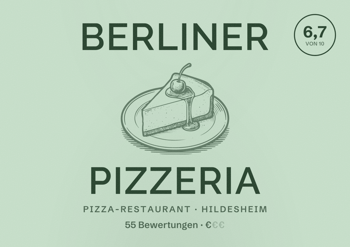 Illustriertes Poster von Berliner Pizzeria, Pizza-Restaurant in Hildesheim: Bewertung 6,7 von 10 aus 55 Bewertungen, Preisniveau €