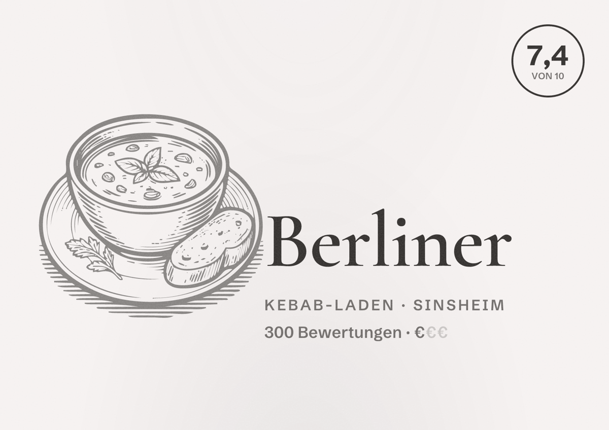 Illustriertes Poster von Berliner, Kebab-Laden in Sinsheim: Bewertung 7,4 von 10 aus 300 Bewertungen, Preisniveau €