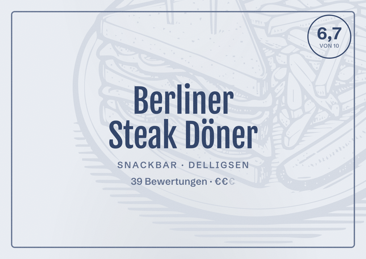 Illustriertes Poster von Berliner Steak Döner, Snackbar in Delligsen: Bewertung 6,7 von 10 aus 39 Bewertungen, Preisniveau €€