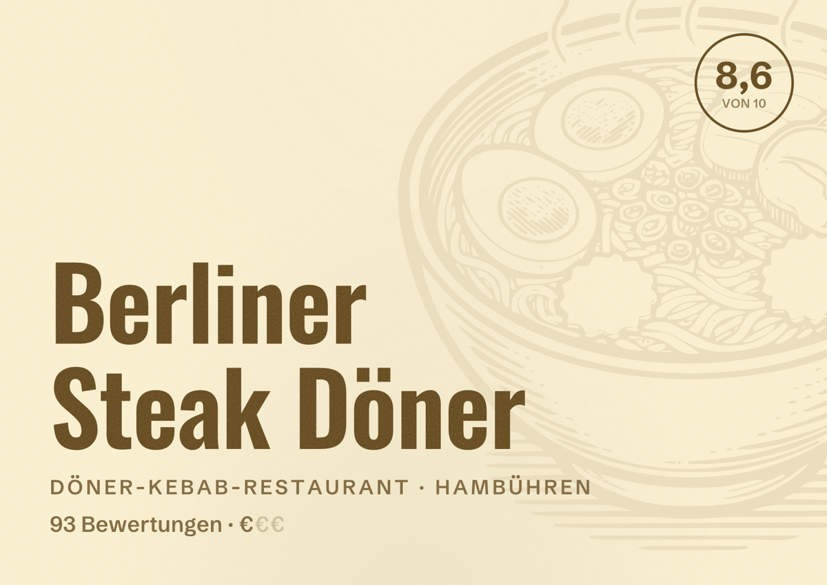 Illustriertes Poster von Berliner Steak Döner, Döner-Kebab-Restaurant in Hambühren: Bewertung 8,6 von 10 aus 93 Bewertungen, Preisniveau €