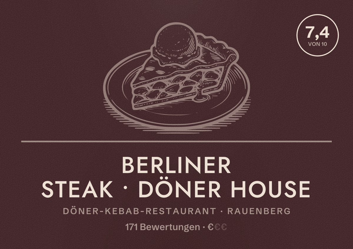 Illustriertes Poster von Berliner Steak • Döner House, Döner-Kebab-Restaurant in Rauenberg: Bewertung 7,4 von 10 aus 171 Bewertungen, Preisniveau €