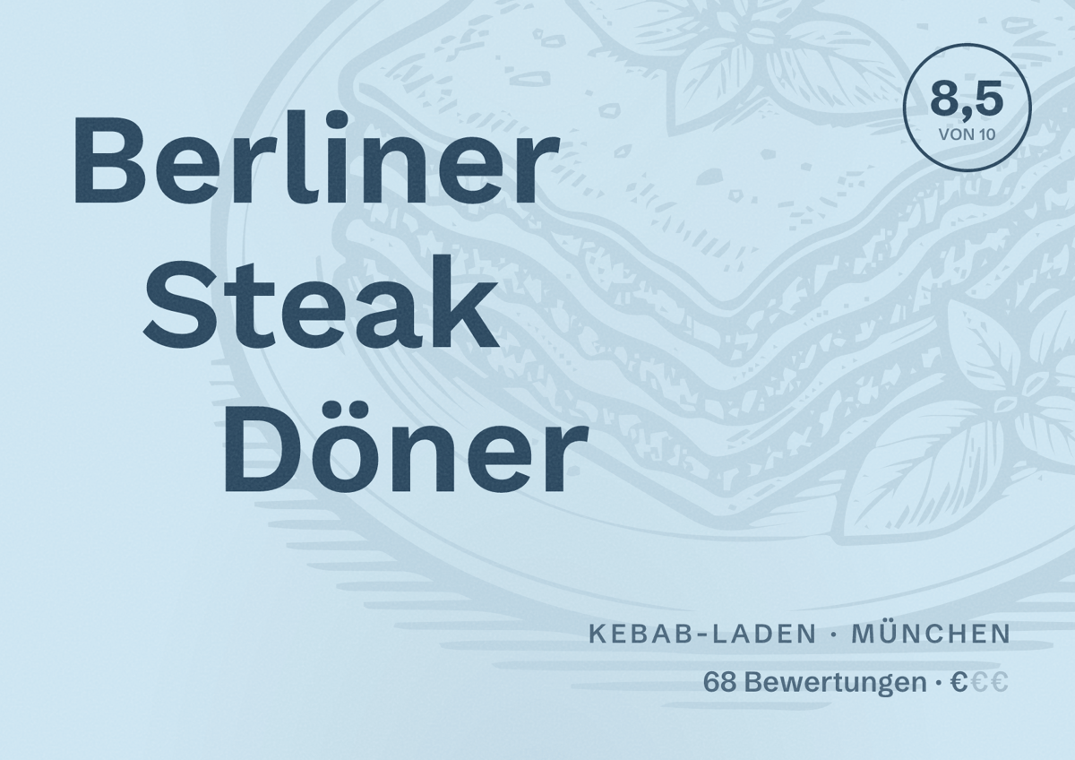 Illustriertes Poster von Berliner Steak Döner, Kebab-Laden in München: Bewertung 8,5 von 10 aus 68 Bewertungen, Preisniveau €