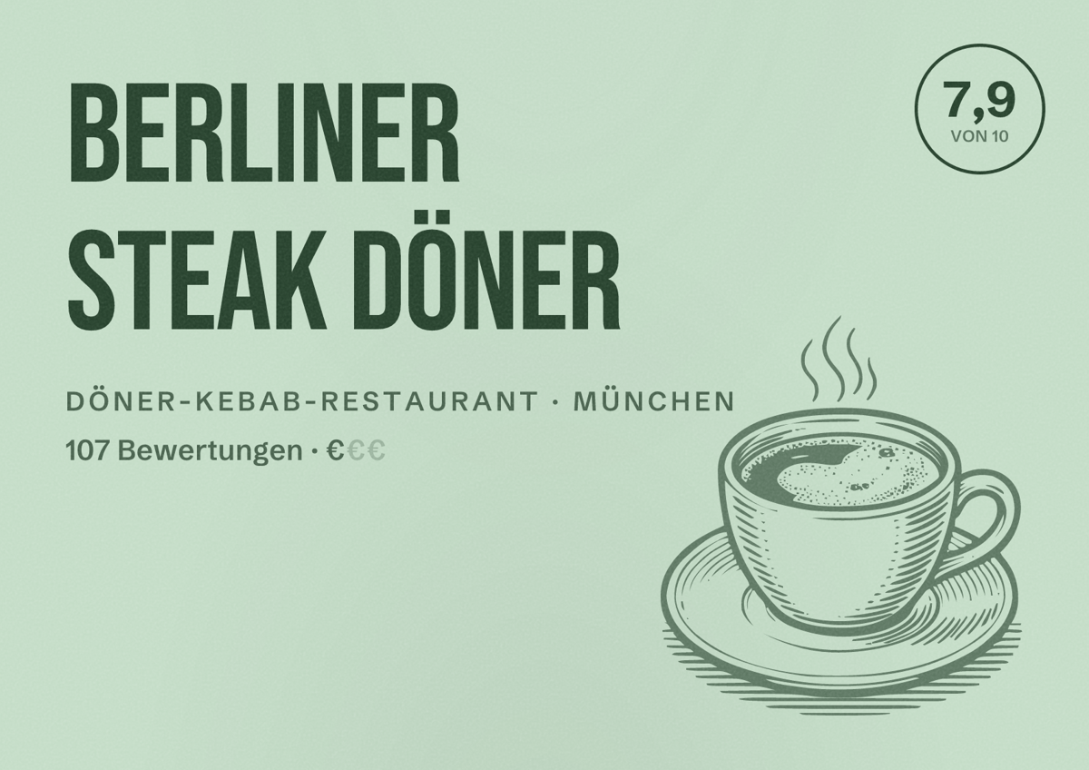 Illustriertes Poster von Berliner Steak Döner, Döner-Kebab-Restaurant in München: Bewertung 7,9 von 10 aus 107 Bewertungen, Preisniveau €