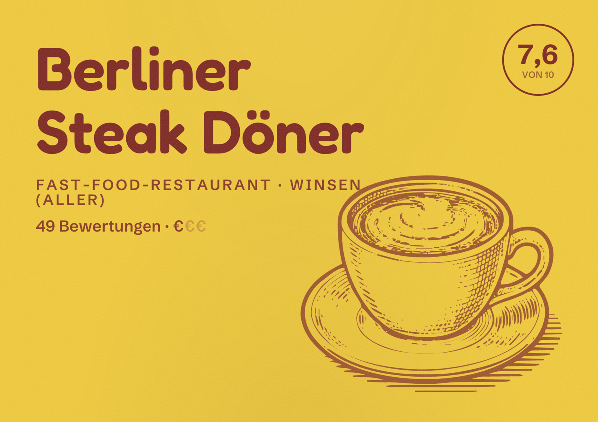 Illustriertes Poster von Berliner Steak Döner, Fast-Food-Restaurant in Winsen (Aller): Bewertung 7,6 von 10 aus 49 Bewertungen, Preisniveau €
