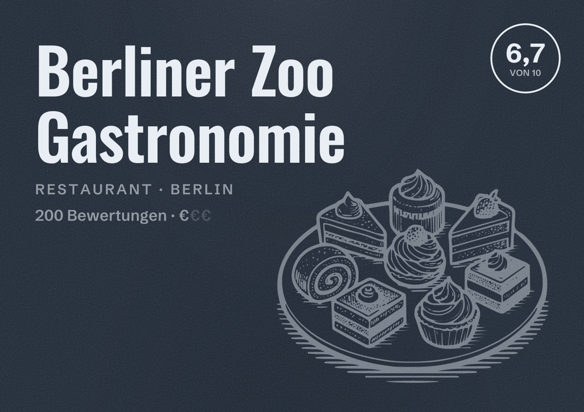 Illustriertes Poster von Berliner Zoo Gastronomie, Restaurant in Berlin: Bewertung 6,7 von 10 aus 200 Bewertungen, Preisniveau €