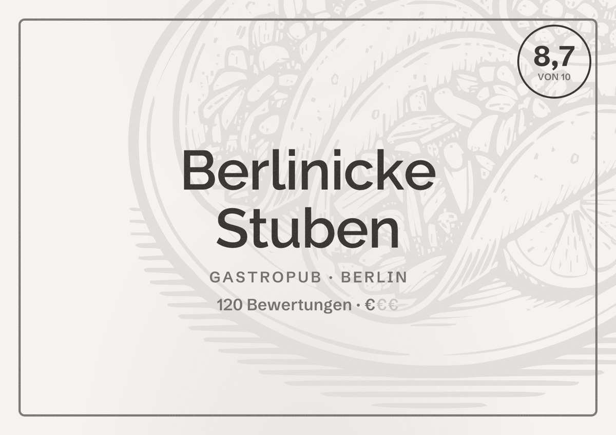 Illustriertes Poster von Berlinicke Stuben, Gastropub in Berlin: Bewertung 8,7 von 10 aus 120 Bewertungen, Preisniveau €