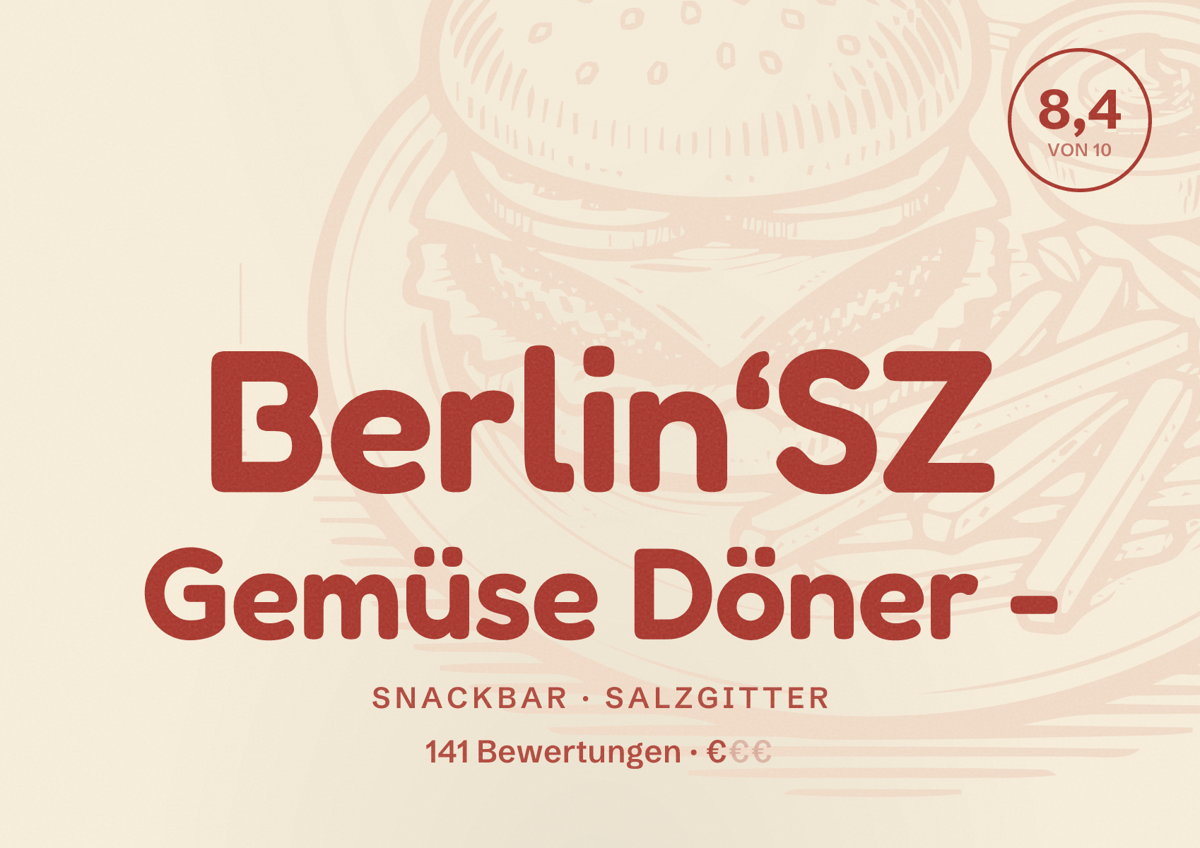 Illustriertes Poster von Berlin‘SZ Gemüse Döner -, Snackbar in Salzgitter: Bewertung 8,4 von 10 aus 141 Bewertungen, Preisniveau €