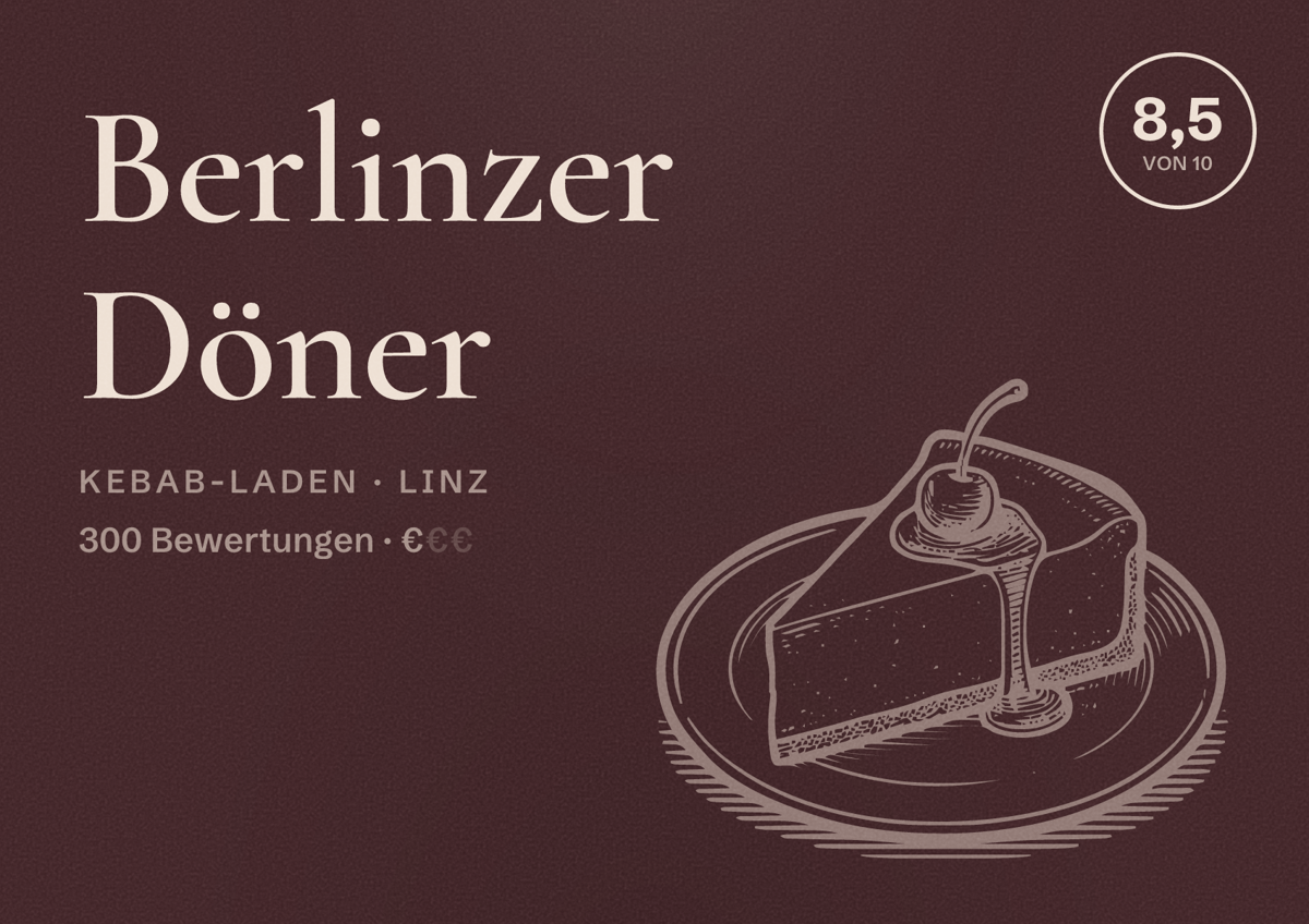 Illustriertes Poster von Berlinzer Döner, Kebab-Laden in Linz: Bewertung 8,5 von 10 aus 300 Bewertungen, Preisniveau €